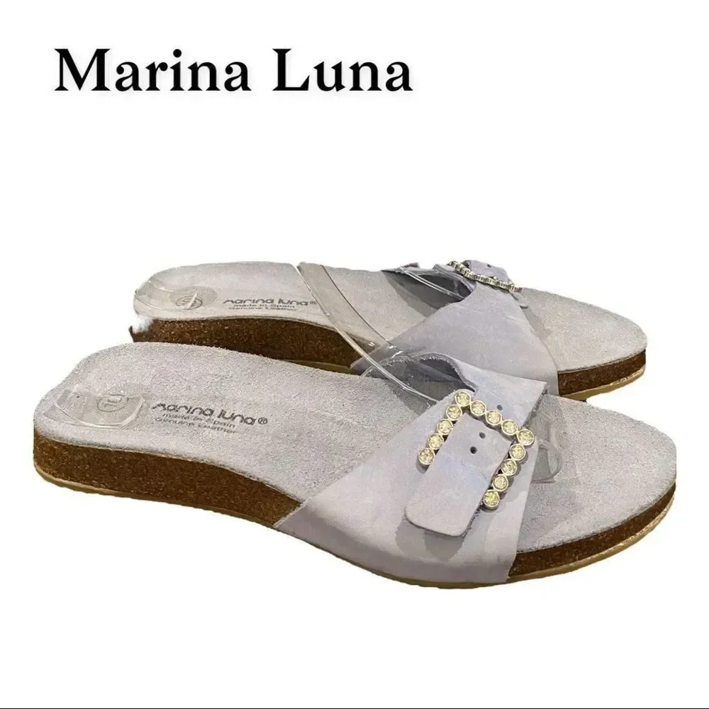 Marina Luna Women's Blue Suede Leather Slip On Jewelled Slide Sandals 10